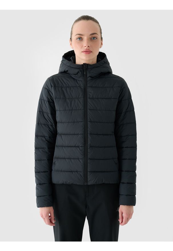 4f - 4F Kurtka puchowa z wypełnieniem z recyklingu damska - czarna S. Okazja: na co dzień. Typ kołnierza: kaptur. Kolor: czarny. Materiał: puch. Długość: długie. Styl: klasyczny, casual, sportowy