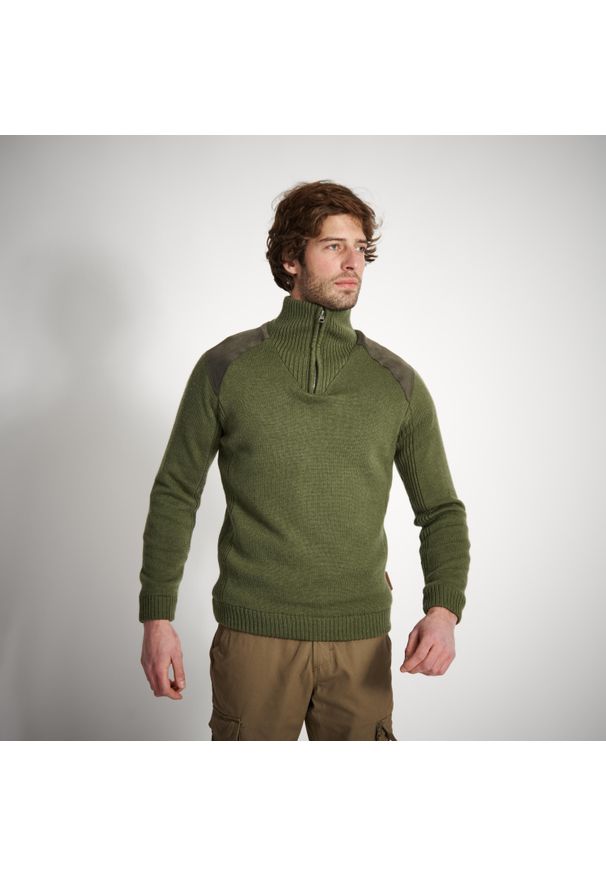 Sweter outdoor SOLOGNAC 900 wełna. Typ kołnierza: kołnierzyk stójkowy. Kolor: zielony. Materiał: materiał, poliester, wełna. Długość: długie. Sport: outdoor