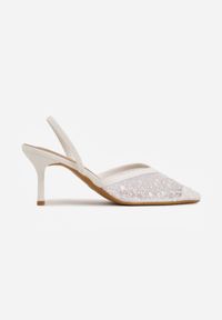 Renee - Białe Cekinowe Czółenka VICES Slingback na Szpilce z Noskiem w Szpic Ozdobione Perłami i Koralikami Kleomene. Kolor: biały. Materiał: jeans. Wzór: aplikacja. Obcas: na szpilce. Styl: elegancki #5