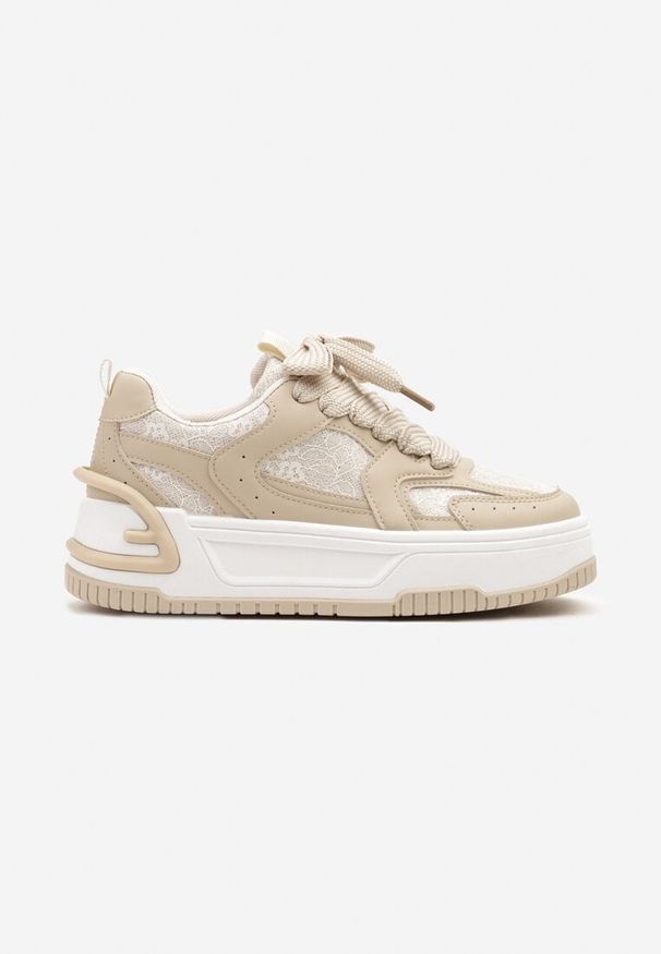 Renee - Beżowe Sneakersy z Brokatowymi Zdobieniami na Platformie Deovirae. Okazja: na co dzień. Zapięcie: sznurówki. Kolor: beżowy. Materiał: jeans. Wzór: aplikacja. Obcas: na platformie