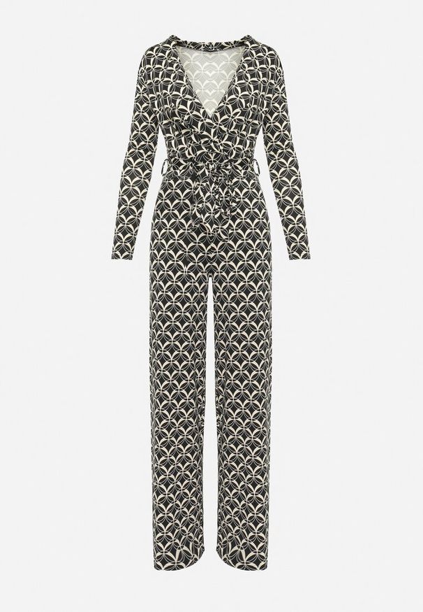 Born2be - Czarny Wzorzysty Kombinezon z Trójkątnym Dekoltem i Paskiem w Talii Ronela. Kolor: czarny. Wzór: aplikacja