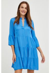 Answear Lab sukienka mini rozkloszowana. Kolor: niebieski. Materiał: satyna, materiał. Wzór: ze splotem. Typ sukienki: rozkloszowane. Styl: wakacyjny. Długość: mini #2