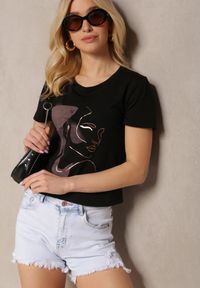 Renee - Czarny Bawełniany T-shirt z Ozdobnym Nadrukiem Biola. Kolor: czarny. Materiał: bawełna. Wzór: nadruk. Styl: klasyczny #2