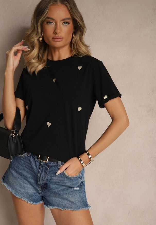 Renee - Czarny Bawełniany T-shirt z Motywem Serc Aramiraa. Okazja: na co dzień. Kolor: czarny. Materiał: bawełna. Styl: casual