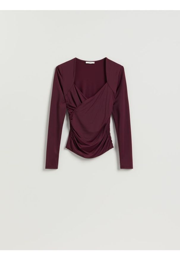 Reserved - Drapowana bluzka - ciemnofioletowy. Kolor: fioletowy. Materiał: dzianina