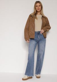 Born2be - Niebieskie Jeansy z Szerokimi Nogawkami i Wysokim Stanem Zdobione Cyrkoniami Felira. Okazja: na co dzień, do pracy. Stan: podwyższony. Kolor: niebieski. Wzór: aplikacja. Styl: casual, elegancki #2