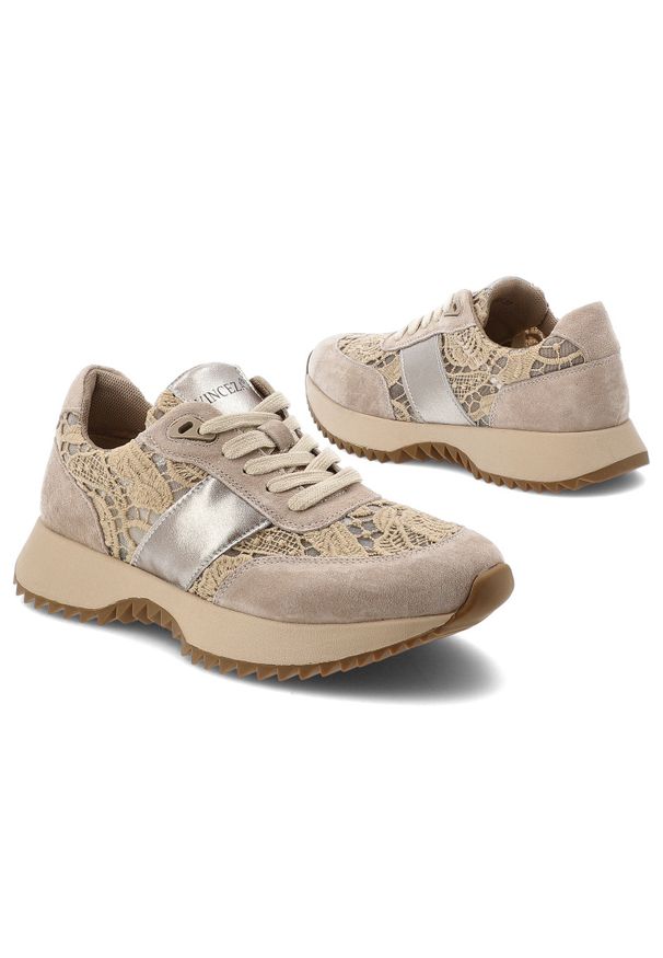 Sneakersy damskie Vinceza, cholewka z połączenia skóry naturalnej zamszowej metaliczne wstawki i klasyczne wiązanie, khaki, 99200. Okazja: na co dzień. Zapięcie: sznurówki. Kolor: szary. Materiał: skóra, zamsz. Szerokość cholewki: normalna. Wzór: aplikacja. Sport: turystyka piesza