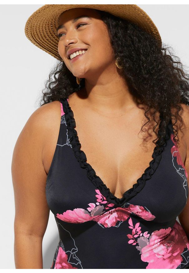 bonprix - Sukienka kąpielowa shape, średni stopień modelowania sylwetki. Kolor: czarny. Wzór: nadruk