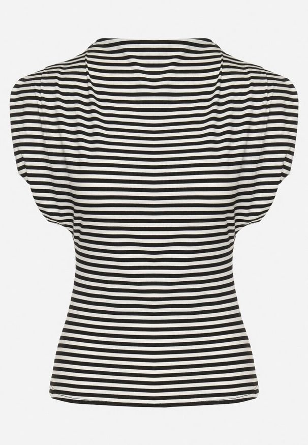 Born2be - Czarno-Biały Top z Wiskozą w Paski Ozdobiony Poduszkami przy Ramionach Oridia. Okazja: na spotkanie biznesowe. Kolor: czarny. Materiał: wiskoza. Wzór: paski, aplikacja. Styl: biznesowy, klasyczny