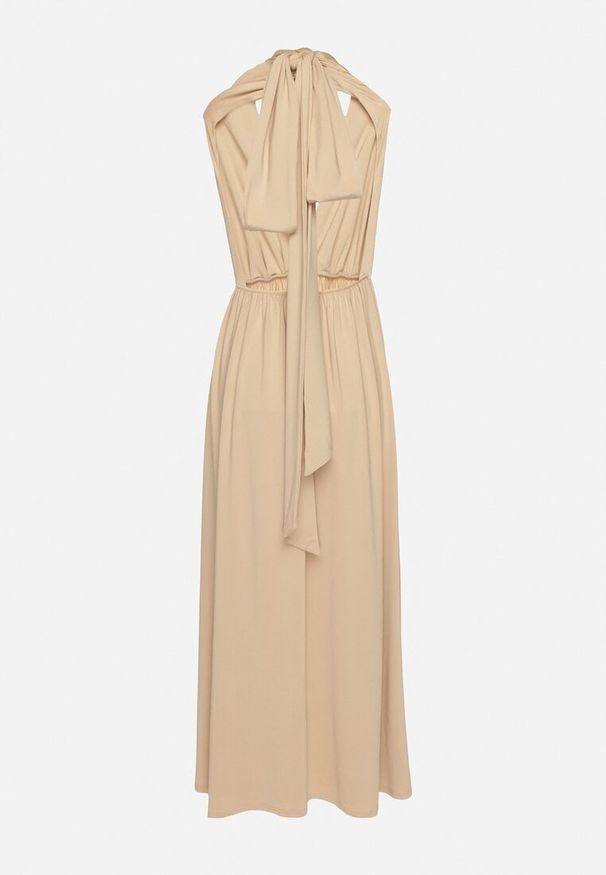 Born2be - Beżowa Koktajlowa Sukienka Multiway z Wiskozą i Wiązaniem na Szyi Lilazza. Okazja: na imprezę. Typ kołnierza: dekolt w kształcie V. Kolor: beżowy. Materiał: wiskoza. Typ sukienki: rozkloszowane. Styl: wizytowy