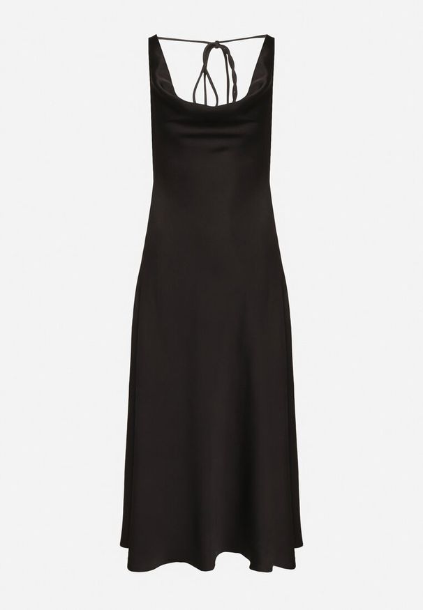 Born2be - Czarna Sukienka Vices z Ozdobnym Tyłem i Wiązaniem Zimea. Okazja: na ślub cywilny, na wesele, na randkę, na imprezę. Kolor: czarny. Styl: klasyczny