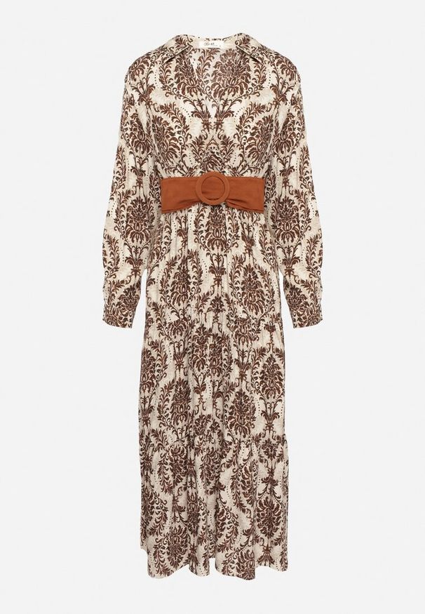 Born2be - Brązowa Wiskozowa Kopertowa Sukienka w Stylu Boho z Materiałowym Paskiem z Klamrą Rinovia. Kolor: brązowy. Materiał: materiał, wiskoza. Typ sukienki: kopertowe. Styl: boho