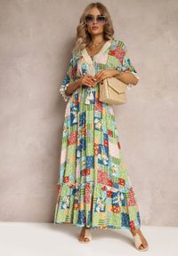 Renee - Zielona Rozkloszowana Sukienka Maxi z Falbanką w Patchworkowy Wzór Fiorella. Kolor: zielony. Materiał: bawełna, tkanina. Wzór: aplikacja. Długość: maxi #5