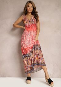 Renee - Pomarańczowa Sukienka z Mozaikowym Wzorem Boho Gumką w Pasie i Sznurkami na Ramionach Ainervea. Kolor: pomarańczowy. Materiał: tkanina. Sezon: lato. Styl: boho
