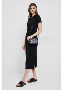 TOMMY HILFIGER - Tommy Hilfiger sukienka kolor czarny midi prosta. Okazja: na co dzień. Kolor: czarny. Materiał: włókno, dzianina. Długość rękawa: krótki rękaw. Typ sukienki: proste. Styl: casual. Długość: midi #4