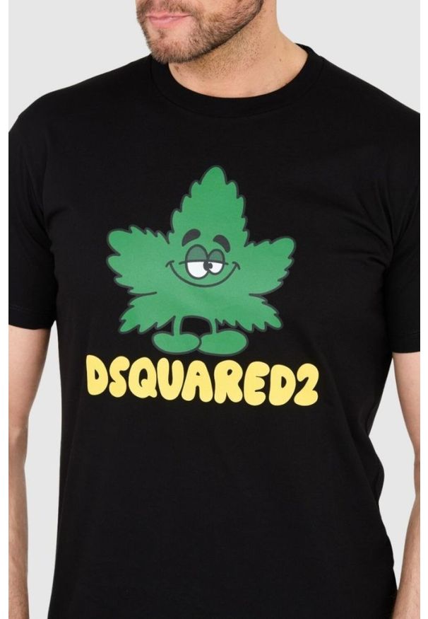 DSQUARED2 Czarny męski t-shirt z logo i zielonym liściem, Rozmiar XL. Kolor: czarny
