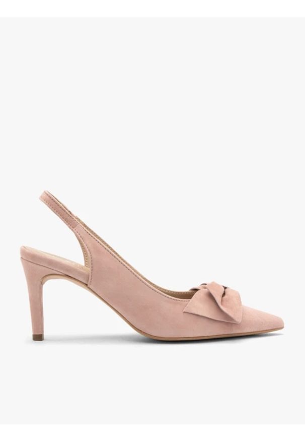 Ryłko - Różowe czółenka damskie bez pięty slingback z kokardą. Kolor: różowy. Materiał: skóra, welur. Obcas: na obcasie. Styl: street. Wysokość obcasa: średni