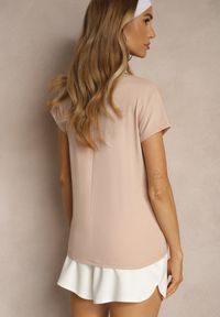 Renee - Beżowy T-shirt z Bawełny z Dekoltem w Serek Linithiela. Okazja: na co dzień. Typ kołnierza: dekolt w serek. Kolor: beżowy. Materiał: bawełna. Styl: casual #3