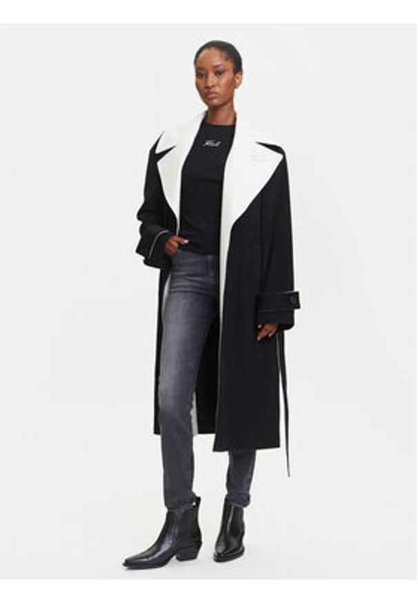 Karl Lagerfeld - KARL LAGERFELD Płaszcz wełniany A3W15010 Czarny Regular Fit. Typ kołnierza: dekolt w karo. Kolor: czarny. Materiał: wełna