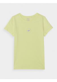 4f - T-shirt z bawełny organicznej gładki dziewczęcy - limonka. Okazja: na co dzień. Kolor: żółty. Materiał: bawełna. Wzór: gładki. Sezon: lato. Styl: sportowy, casual