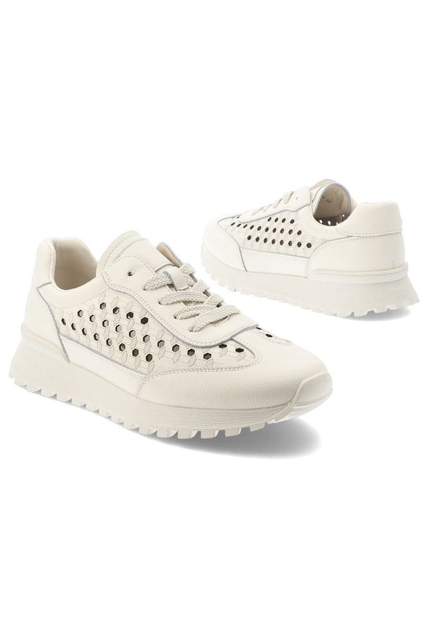 Sneakersy damskie Vinceza, cholewka ze skóry naturalnej z klasycznym sznurowaniem i ażurowymi wstawkami po bokach osadzone na lekkiej podeszwie z bie. Okazja: na co dzień. Zapięcie: sznurówki. Kolor: biały. Materiał: skóra. Szerokość cholewki: normalna. Wzór: ażurowy