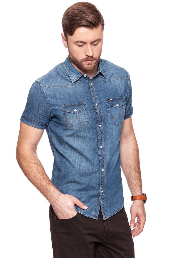 Wrangler - KOSZULA JEANSOWA MĘSKA WRANGLER SS WESTERN SHIRT MID INDIGO W5A10O78E. Materiał: jeans. Długość rękawa: krótki rękaw. Długość: krótkie