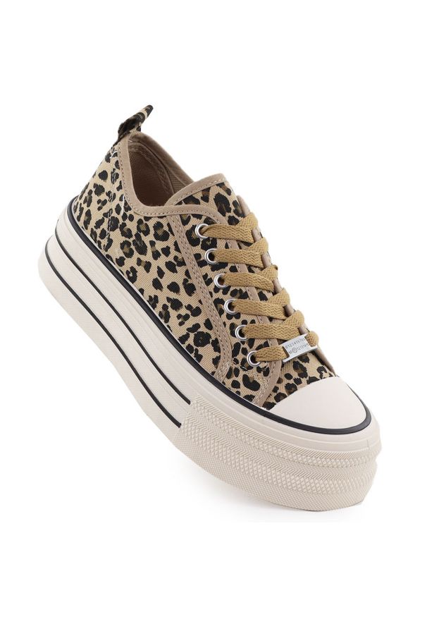 Trampki niskie na platformie w panterkę beżowe NEWS 9157. Okazja: na co dzień. Kolor: beżowy. Materiał: tkanina. Wzór: motyw zwierzęcy. Obcas: na platformie. Styl: casual, sportowy