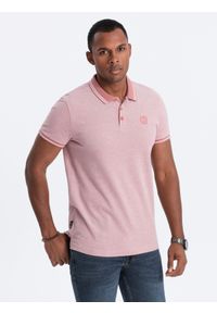 Ombre Clothing - Melanżowa koszulka męska polo z kontrastowym kołnierzykiem - różowa V2. Typ kołnierza: kołnierzyk kontrastowy, polo. Kolor: różowy. Materiał: bawełna. Wzór: melanż