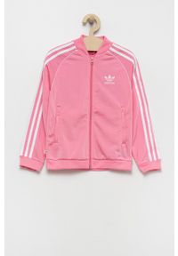 adidas Originals bluza dziecięca kolor różowy z aplikacją. Okazja: na co dzień. Kolor: różowy. Materiał: materiał, dzianina. Długość rękawa: raglanowy rękaw. Wzór: aplikacja. Styl: casual #1