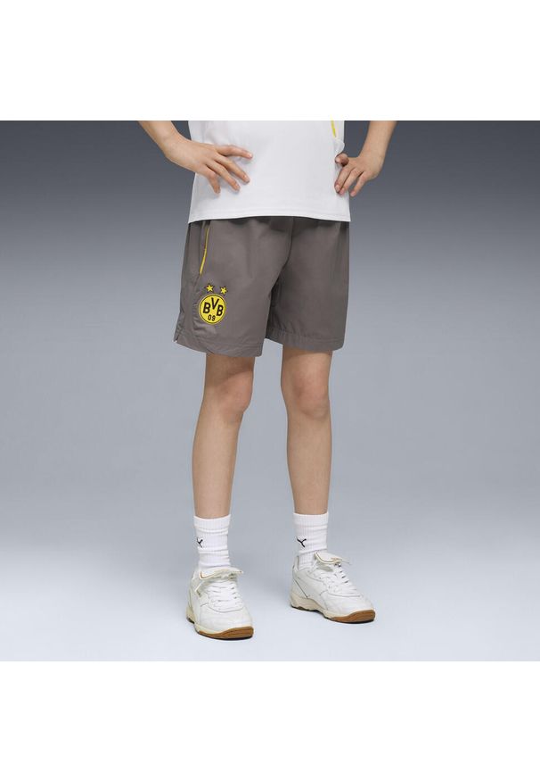 Puma - Młodzieżowe szorty Borussia Dortmund PUMATECH o luźnym kroju PUMA. Kolor: szary, wielokolorowy, żółty. Sport: piłka nożna