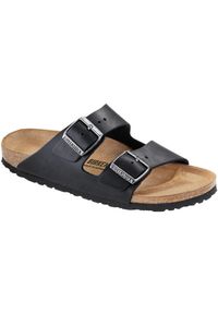 Klapki męskie Birkenstock 552113. Zapięcie: bez zapięcia. Kolor: czarny. Materiał: skóra, syntetyk, materiał. Szerokość cholewki: normalna. Sport: turystyka piesza
