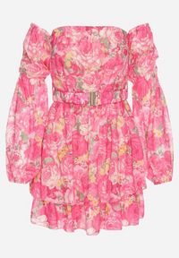 Born2be - Fuksjowa Wiskozowa Sukienka Hiszpanka z Falbanami i Paskiem w Kwiaty Virmoi. Okazja: na co dzień, na spacer. Typ kołnierza: dekolt hiszpanka. Kolor: różowy. Materiał: wiskoza. Wzór: kwiaty. Typ sukienki: proste. Styl: casual #2