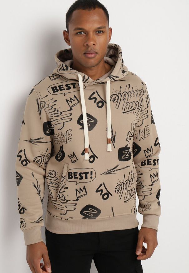 Born2be - Ciemnobeżowa Bluza z Bawełną i Kapturem Ozdobiona Abstrakcyjnym Wzorem Arsolea. Okazja: na spotkanie biznesowe, na co dzień. Typ kołnierza: kaptur. Kolor: beżowy. Materiał: bawełna. Długość rękawa: długi rękaw. Długość: długie. Wzór: aplikacja. Styl: elegancki, casual, klasyczny, biznesowy