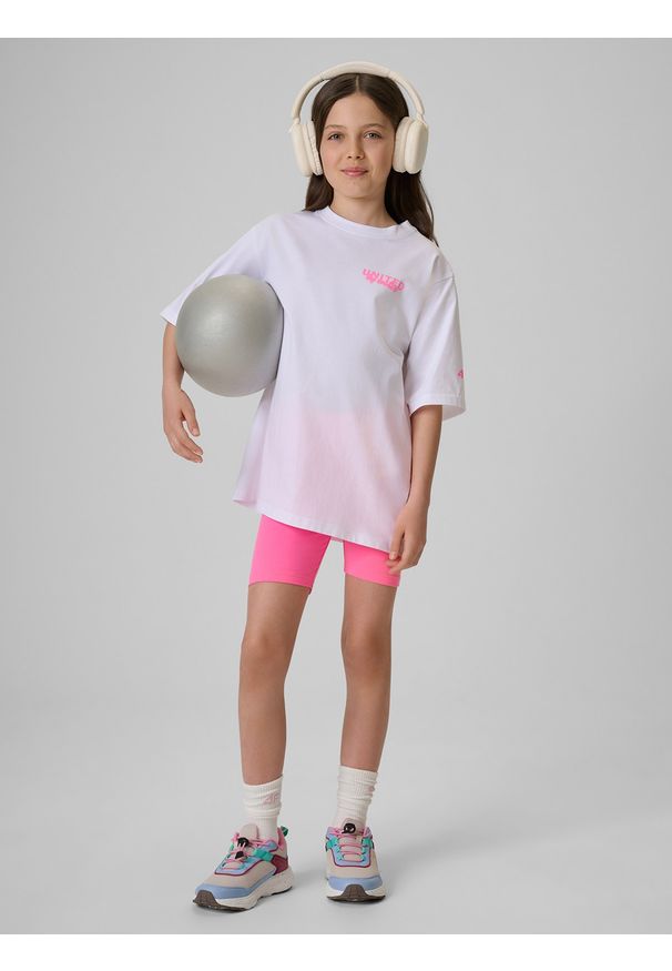 4f - 4F T-shirt loose z nadrukiem dziewczęcy - biały 134/140 (8-10 lat). Okazja: na co dzień. Kolor: biały. Materiał: materiał, bawełna, dresówka, dzianina. Wzór: nadruk. Sezon: lato. Styl: klasyczny, casual