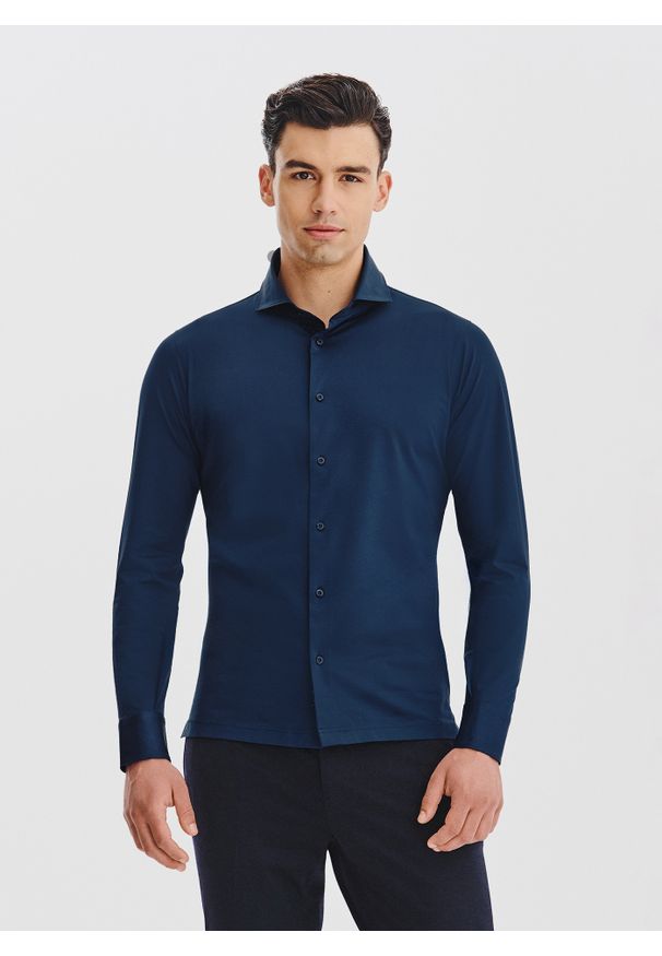 Pako Lorente - PAKO LORENTE – Granatowa koszula z dzianiny. Okazja: na co dzień. Kolor: niebieski, szary. Materiał: dzianina. Długość rękawa: długi rękaw. Długość: długie. Styl: casual