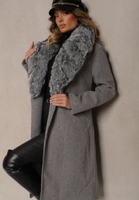 Renee - Szary Stylowy Płaszcz o Dwurzędowym Fasonie z Kołnierzem z Futerka i Paskiem Delarwen. Okazja: na co dzień, na spacer. Kolor: szary. Materiał: futro. Styl: elegancki #5