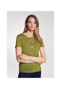 Ochnik - T-shirt damski khaki z aplikacją. Kolor: zielony. Materiał: wiskoza. Wzór: aplikacja. Styl: elegancki #1
