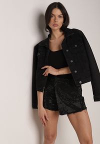 Born2be - Czarne Jeansowe Spódnico-Szorty w Eleganckim Stylu z Bawełną i Cyrkoniami Delatia. Okazja: na co dzień. Stan: podwyższony. Kolor: czarny. Materiał: bawełna, jeans. Wzór: aplikacja. Styl: elegancki #1