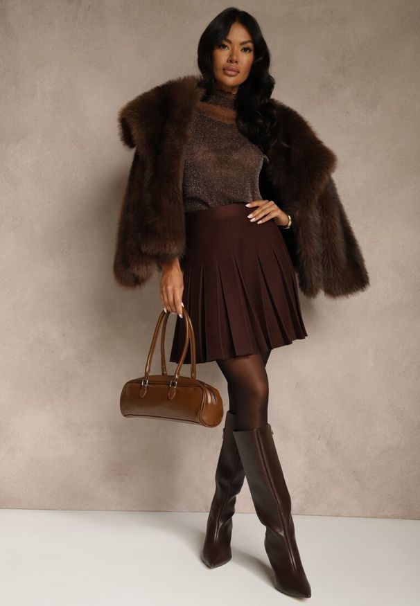 Renee - Brązowa Spódnica High Waist z Wiskozą Zdobiona Plisami Coroxera. Stan: podwyższony. Kolor: brązowy. Materiał: wiskoza. Wzór: aplikacja. Styl: elegancki