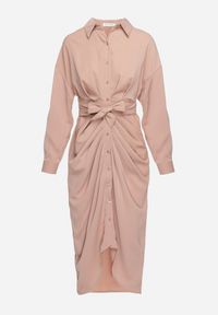 Born2be - Ciemnobeżowa Sukienka Koszulowa z Wiązanym Paskiem i Marszczeniem Hinula. Kolor: beżowy. Materiał: tkanina, materiał. Wzór: jednolity, gładki. Typ sukienki: koszulowe. Styl: elegancki. Długość: midi #5