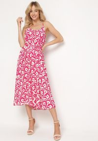 Born2be - Fuksjowa Sukienka na Cienkich Ramiączkach o Trapezowym Kroju z Wiązaniem na Troczek Cavriella. Okazja: na co dzień. Kolor: różowy. Długość rękawa: na ramiączkach. Sezon: lato. Typ sukienki: trapezowe. Styl: klasyczny, casual, elegancki #1