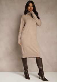 Renee - Beżowa Sweterkowa Sukienka z Bawełną i Golfem Reinaria. Okazja: na co dzień. Typ kołnierza: golf. Kolor: beżowy. Materiał: bawełna. Styl: casual #4