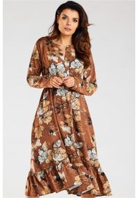 Awama - Sukienka rozkloszowana koszulowa z falbaną brązowa w kwiaty. Okazja: na co dzień, na imprezę. Kolor: brązowy. Wzór: kwiaty. Typ sukienki: koszulowe. Styl: casual, wizytowy