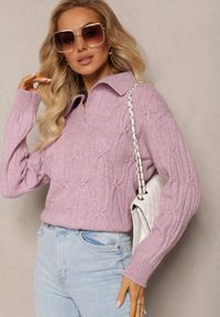 Renee - Fioletowy Sweter z Dekoltem w Serek i Ozdobnym Splotem Travissa. Typ kołnierza: dekolt w serek. Kolor: fioletowy. Wzór: ze splotem. Styl: elegancki