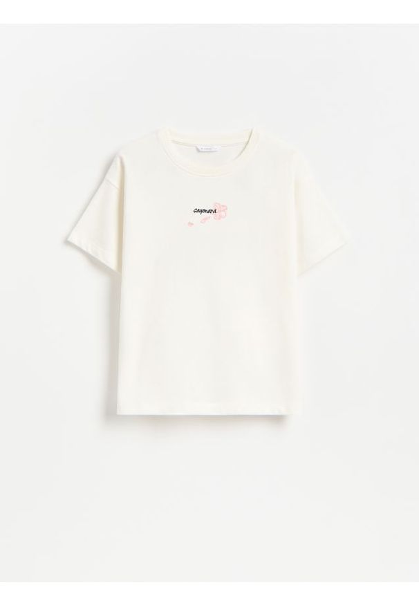 Reserved - T-shirt z nadrukiem na plecach - złamana biel. Materiał: bawełna. Wzór: nadruk
