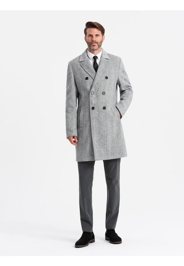 Ombre Clothing - Elegancki dwurzędowy męski płaszcz w jodełkę – szary V1 OM-COWC-0118 - XXL. Kolor: szary. Materiał: dzianina, poliester, materiał, tkanina. Wzór: jodełka. Styl: elegancki