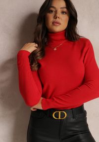 Renee - Czerwony Golf Dopasowany Ungase. Typ kołnierza: golf. Kolor: czerwony. Materiał: tkanina, jeans. Długość rękawa: długi rękaw. Długość: długie. Sezon: zima, jesień #5