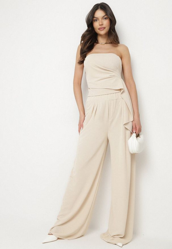 Born2be - Beżowy Komplet Top Bez Rękawów z Trenem i Szerokie Spodnie Redilise. Kolor: beżowy