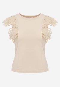 Renee - Jasnobeżowy Top z Bawełny z Ozdobną Koronką Adexis. Kolor: beżowy. Materiał: bawełna, koronka. Wzór: koronka. Sezon: wiosna, lato #8