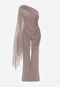 Renee - Ciemnobeżowy Kombinezon Elegancki o Asymetrycznym Kroju z Lekką Narzutką na Ramię Naeranie. Kolor: beżowy. Styl: elegancki #2